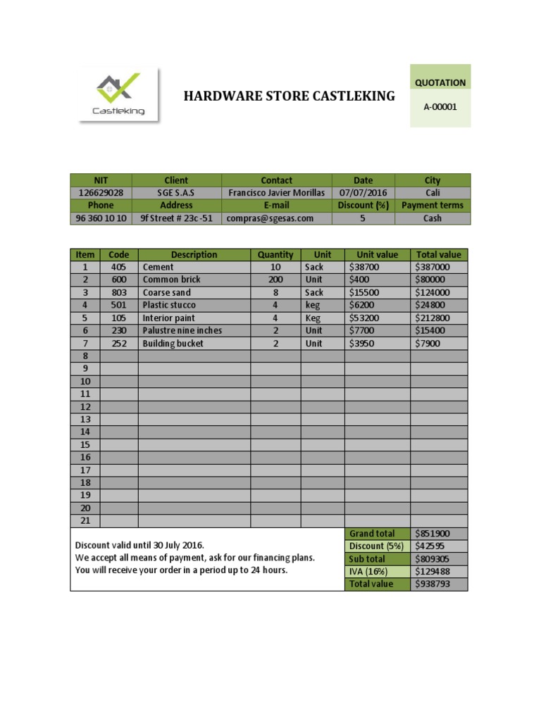 Castleking Hardware Store Quotation | PDF