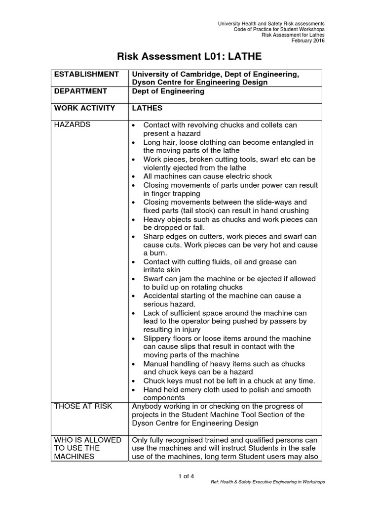 Lathe Risk Assessment Dyson PDF Metalworking Nature