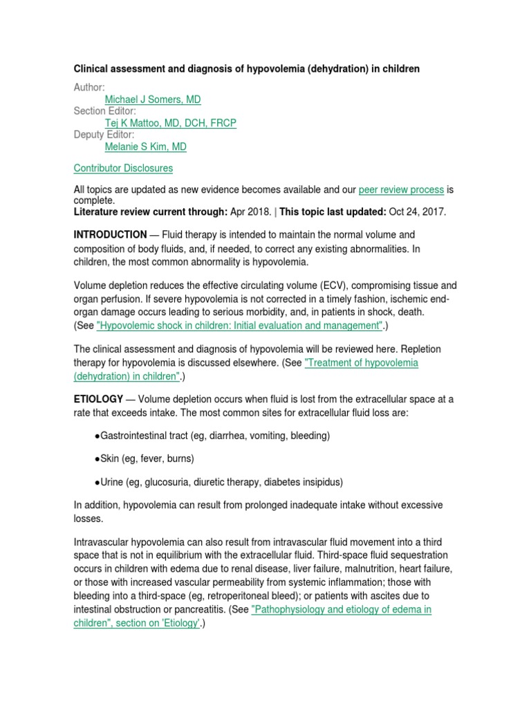 Clinical Assessment and Diagnosis of Hypovolemia PDF Dehydration