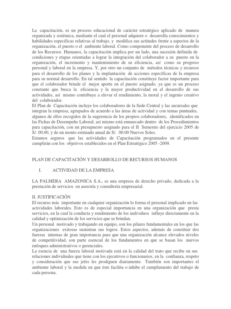 Plan de Capacitación para Recursos Humanos | PDF | Gestión de recursos ...