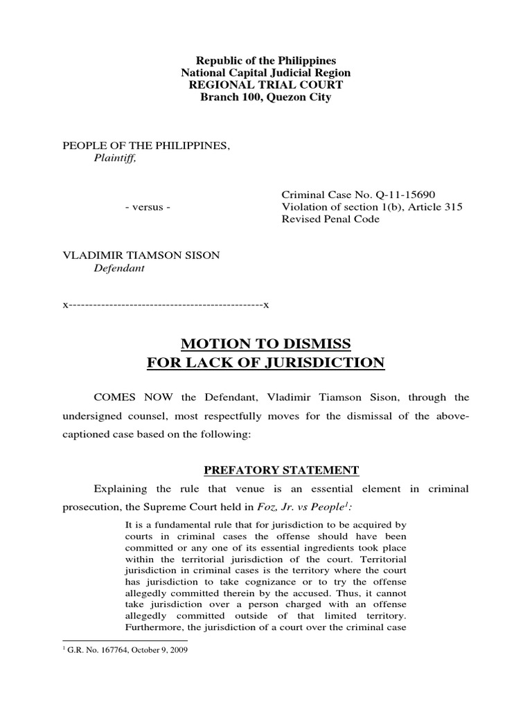 Motion To Dismiss For Lack of Jurisdiction Plaintiff PDF Crime