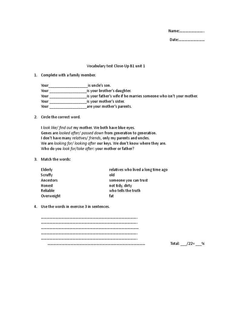 Vocabulary Test Close-Up B1 Unit 1 w11 | PDF