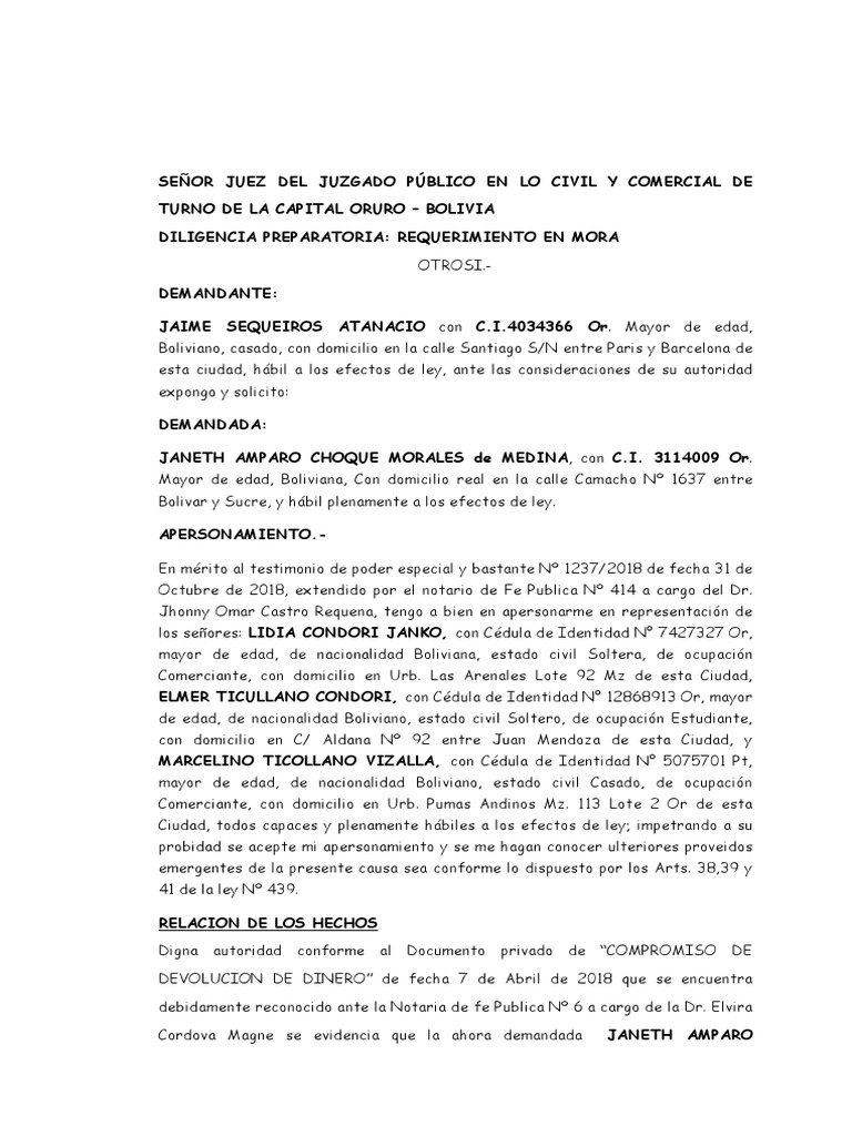1 Declaratoria en Mora | PDF | Bolivia | Derecho Civil (Common Law)