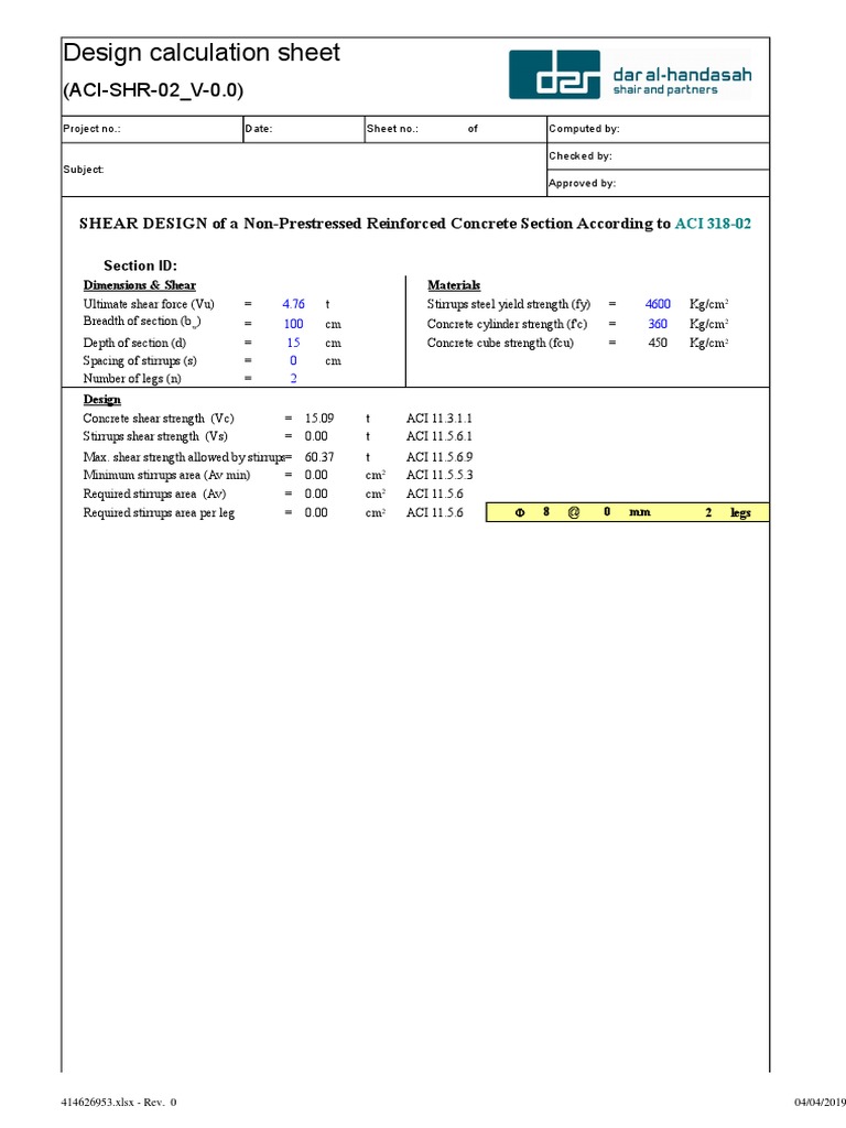 Design Calculation Sheet: (ACI-SHR-02 - V-0.0) | PDF | Reinforced ...
