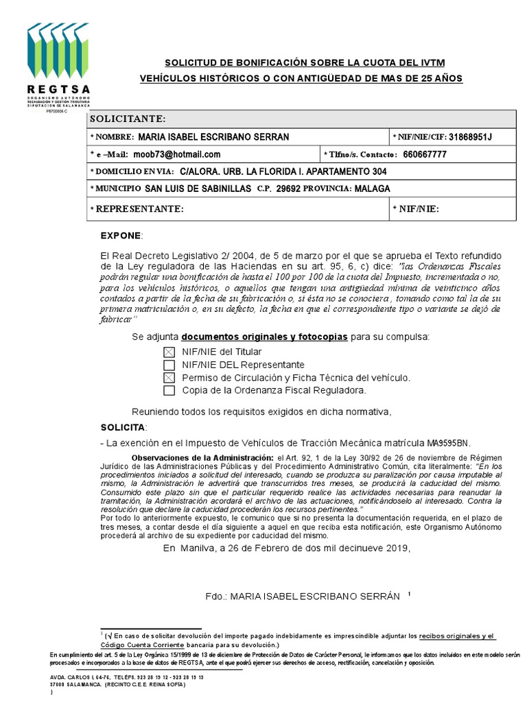 Solicitud Exención IVTM Vehículos 25 Años | PDF | Información del ...