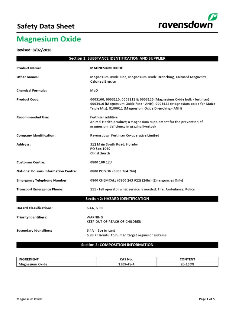 MSDS Magnesium Oxide PDF Magnesium Toxicity