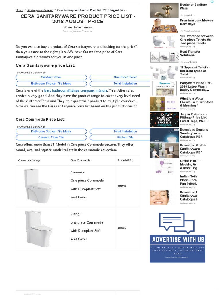 Cera Sanitaryware Product Price List 2018 August Price