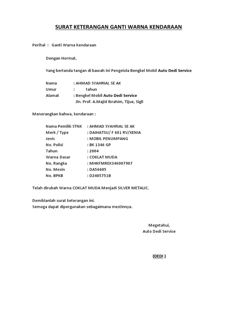 Surat Keterangan Rubah Warna Kendaraan | PDF