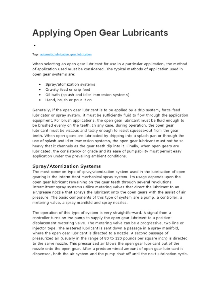 Open Gear Lubrication Methods Explained | PDF | Gear | Lubricant