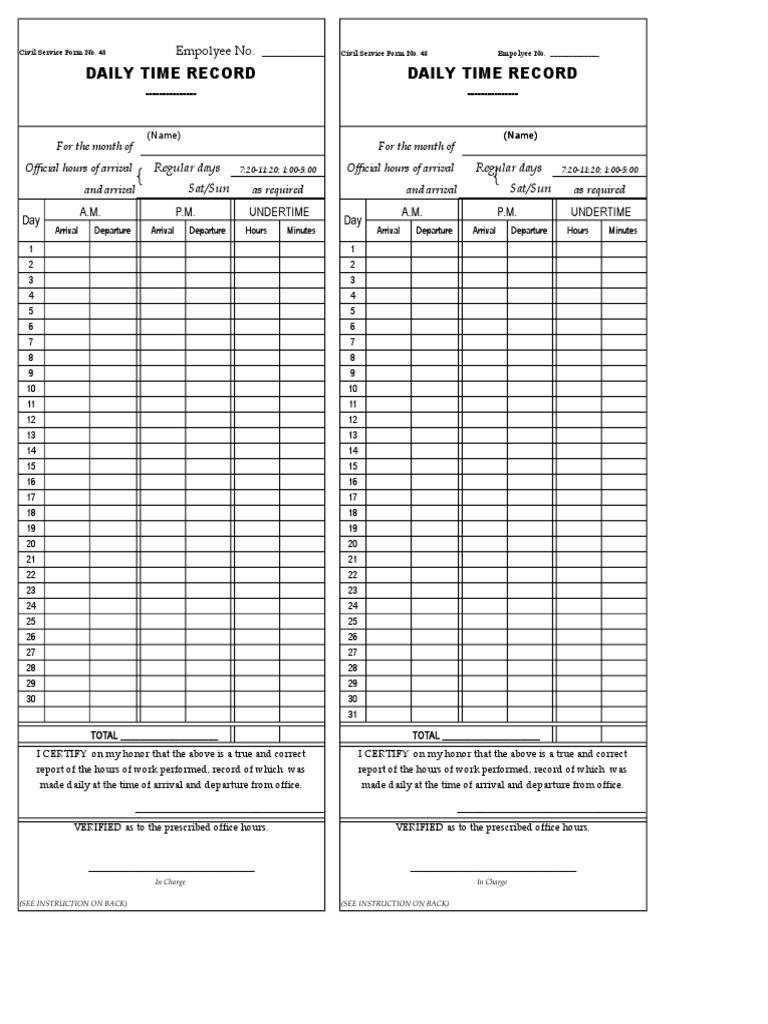 Civil Service Form 48 DTR Blank Form.xlsx Judiciaries Virtue