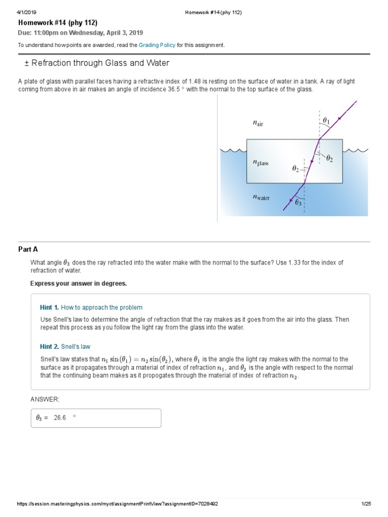 Homework 14 phy 112 solutions pdf refraction refractive index
