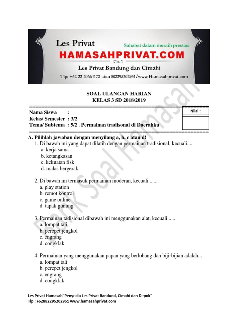 Soal Kelas 3 Tema 5 Subtema 2 Permainan Tradisional Hamasahprivat