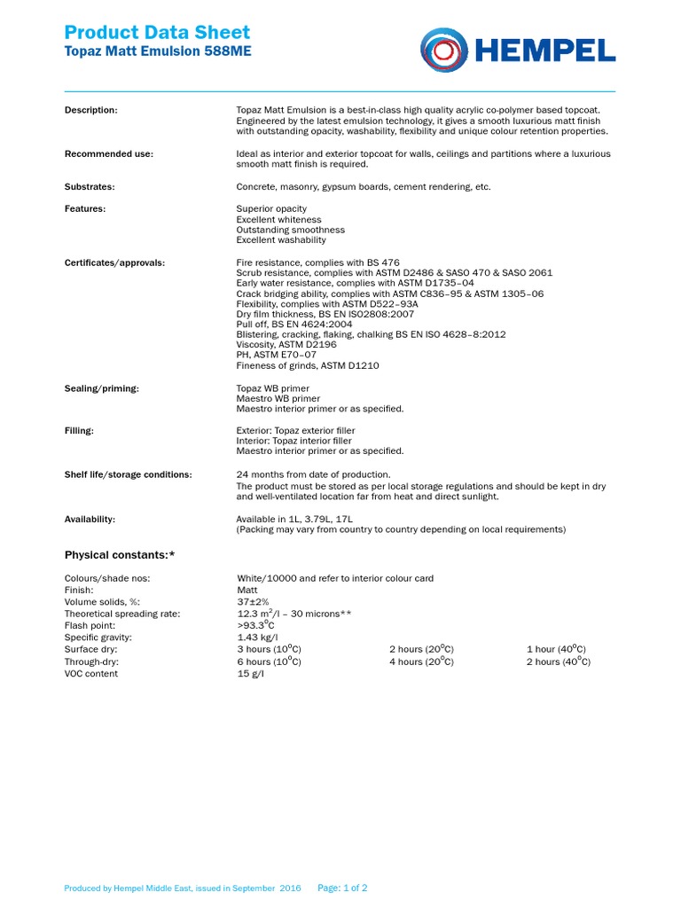 Product Data Sheet: Topaz Matt Emulsion 588ME | PDF | Paint ...