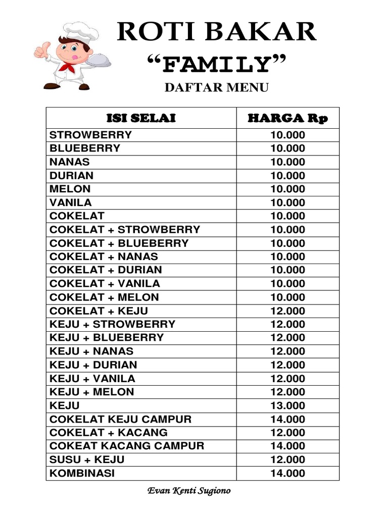 Daftar Menu Roti Bakar Kekinian | PDF | Memasak, Makanan, & Anggur