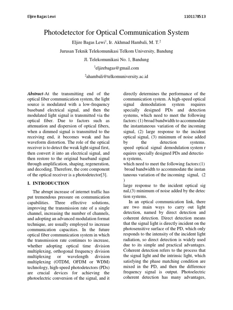 Photodetector For Optical Communication System PDF Fiber Optic
