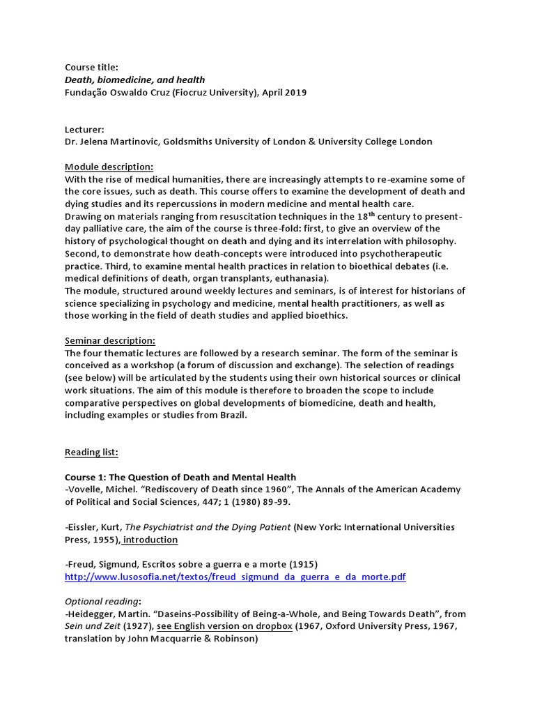 Death and Health in Biomedicine Course | PDF | Death | Bioethics