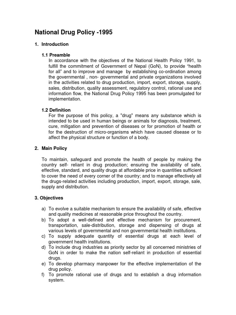 National Drug Policy 1995 PDF Health Policy Pharmacy