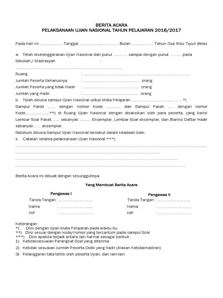 Contoh Berita Acara Pelaksanaan Ujian Nasional | PDF