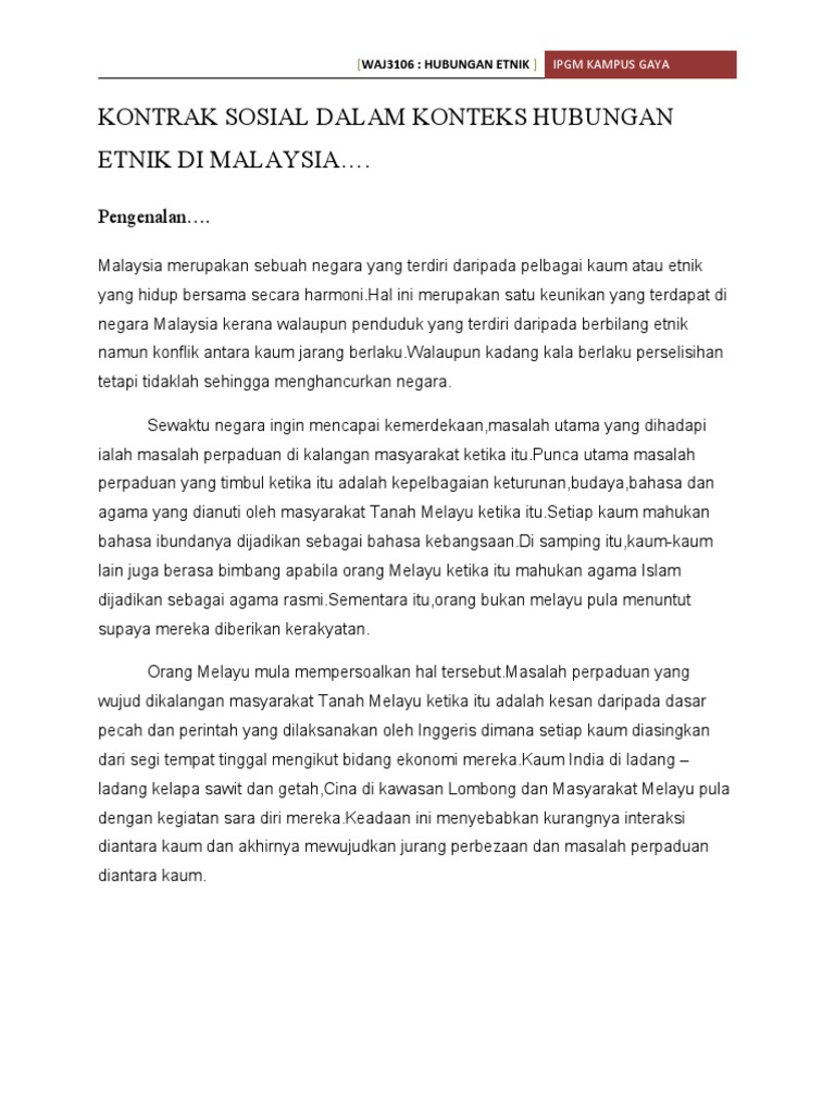 Kontrak Sosial Dalam Konteks Hubungan Etnik Di Malaysia