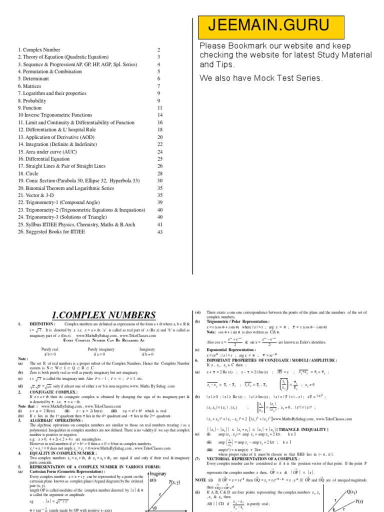 JEE Maths Formula Sheet PDF | PDF | Complex Number | Quadratic Equation