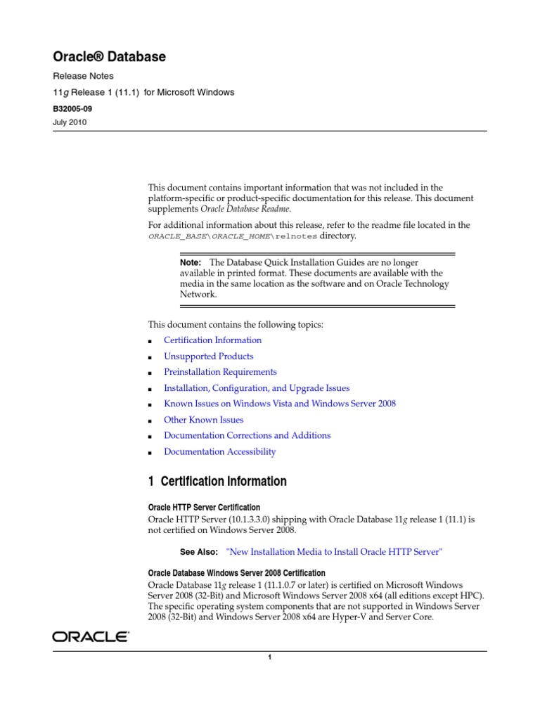 Oracle® Database: Release Notes 11g Release 1 (11.1) For Microsoft ...