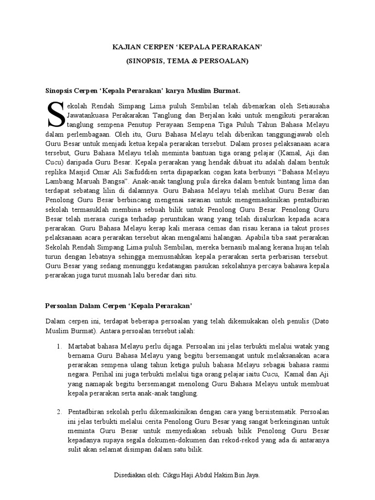 Analisis Cerpen Kepala Perarakan