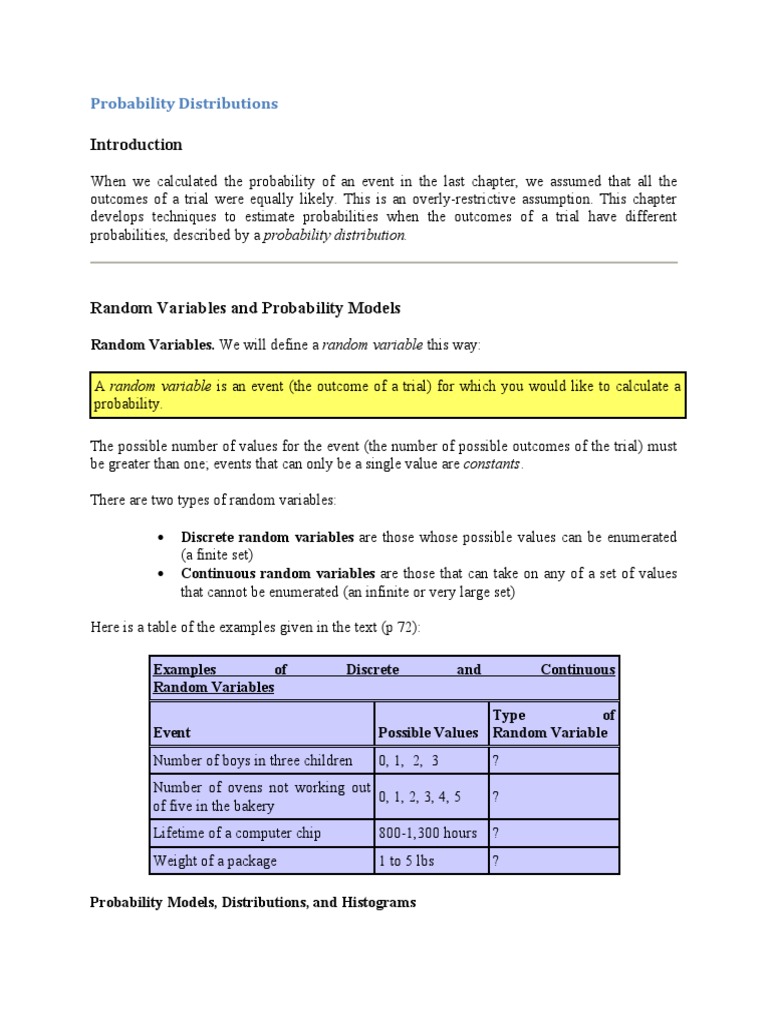 Probability Distributions: Random Variables. We Will Define A Random ...