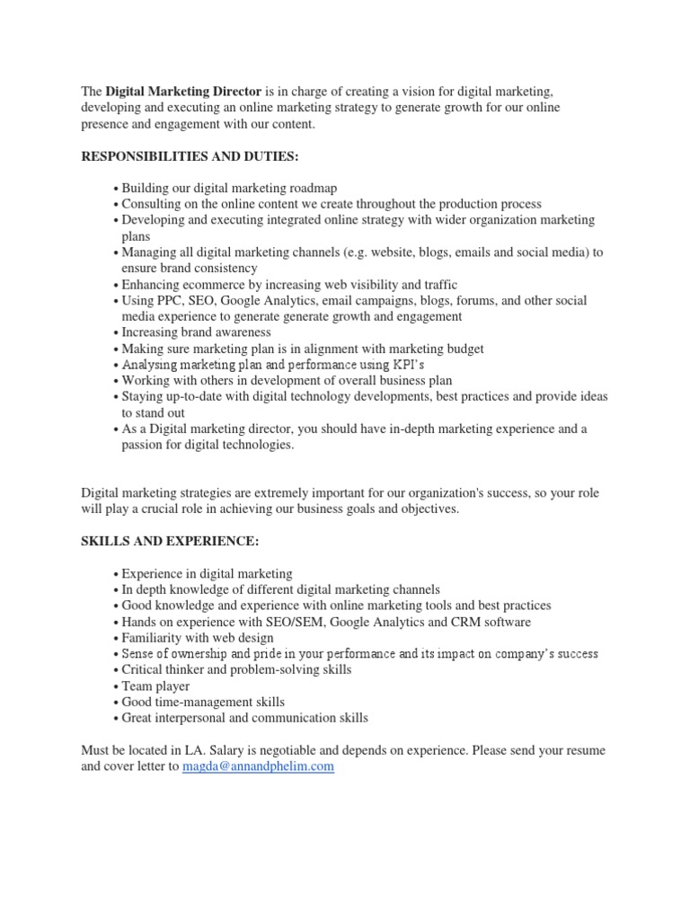 Digital Marketing Director Job Description | PDF | Digital Marketing ...