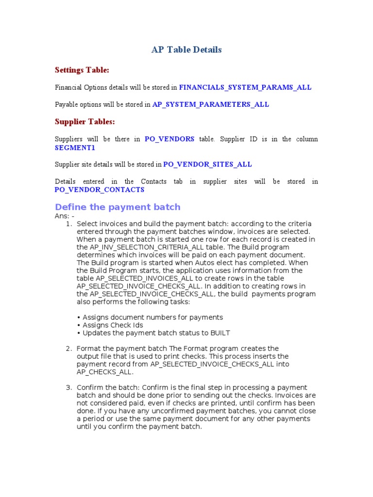 Oracle AP Tables Overview and Details | PDF | Accounts Payable | Invoice