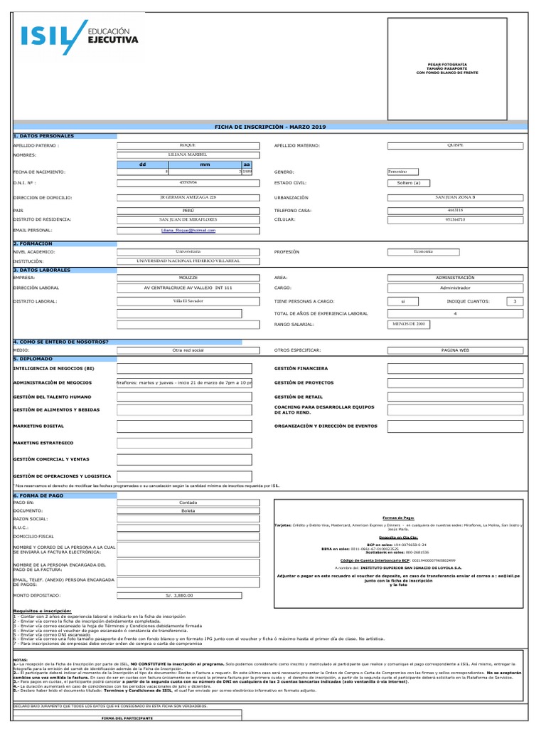 Ficha de Inscripción 2019 Isil | PDF | Ingeniería | Perú