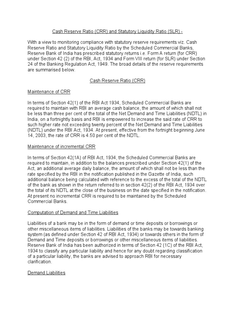 CRR Calculation and Compliance Guidelines | PDF | Business | Reserve ...