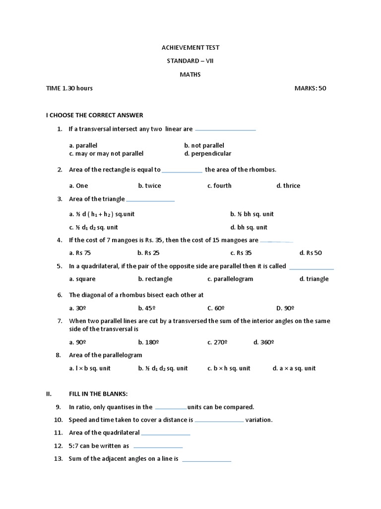 ACHIEVEMENT TEST VII STD PDF | PDF | Rectangle | Area