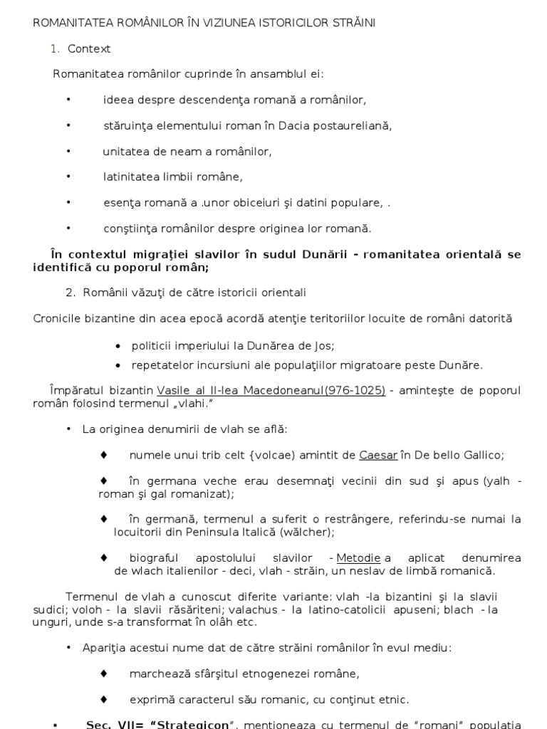 Romanitatea Romanilor In Viziunea Istoricilor Schita Lectiei Romanitatea Românilor În Viziunea Istoricilor Străini | PDF