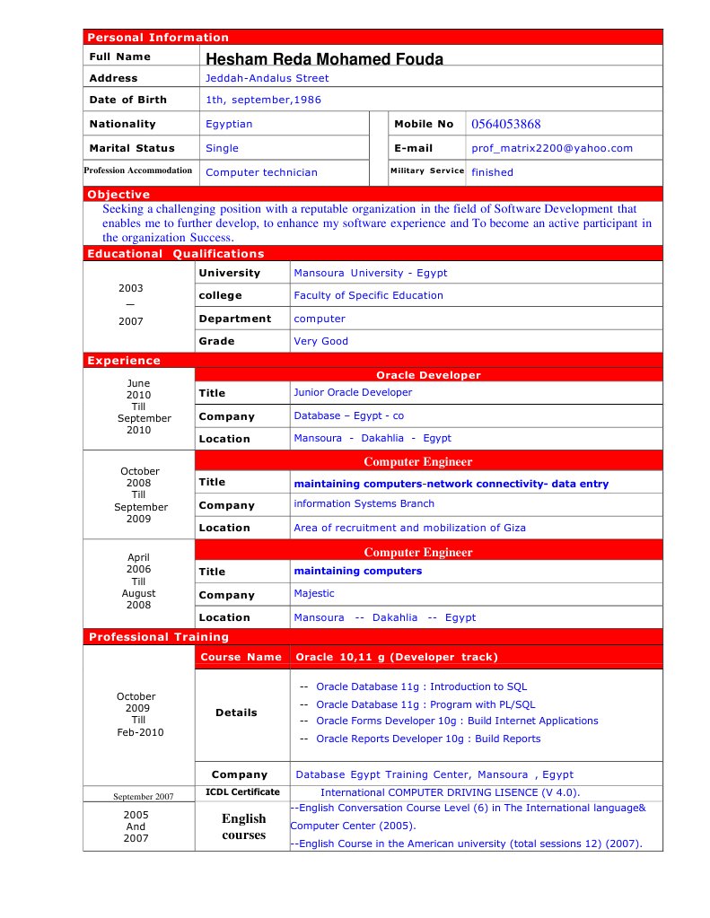 Hesham Reda Mohamed Fouda's CV | PDF | Oracle Database | Microsoft