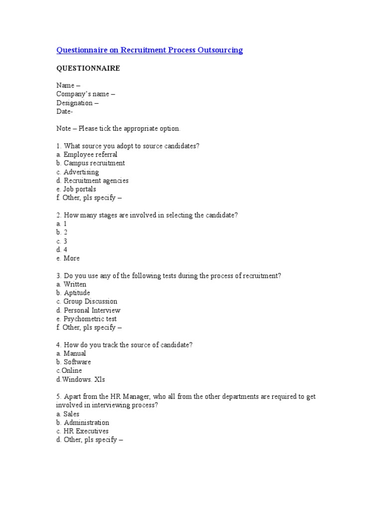 Questionnaire On Recruitment Process Outsourcing | PDF 