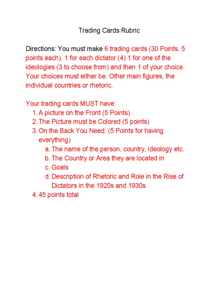 Trading Cards Rubric PDF