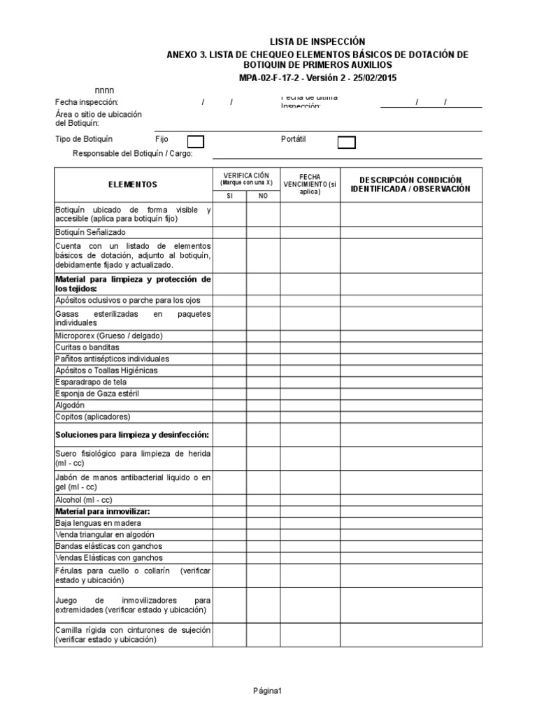 Lista De Verificación De Inspección Del Botiquín De Primeros Auxilios