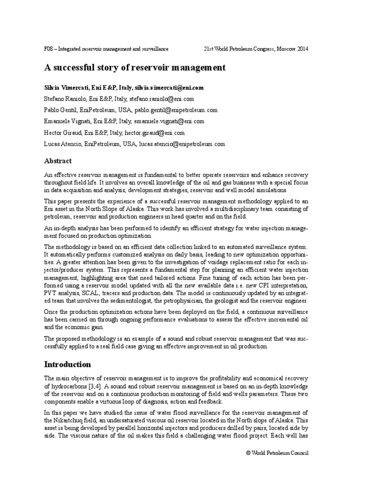 A Successful Story of Reservoir Management PDF Petroleum Reservoir