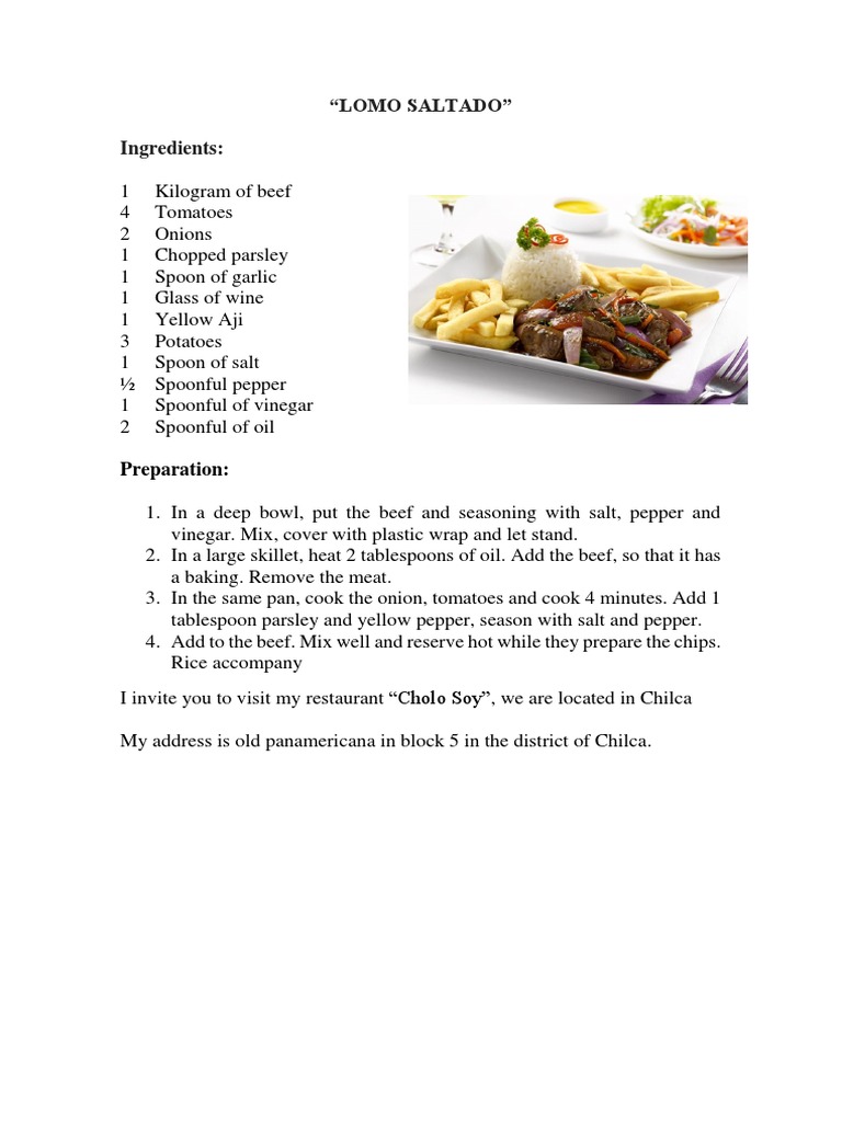 Receta en Ingles LOMO SALTADO | PDF | Cocina | Alimentos