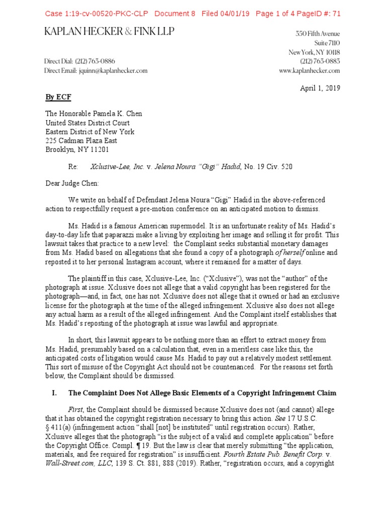 Gigi Hadid Copyright Case Dismissal Request PDF Fair Use Lawsuit