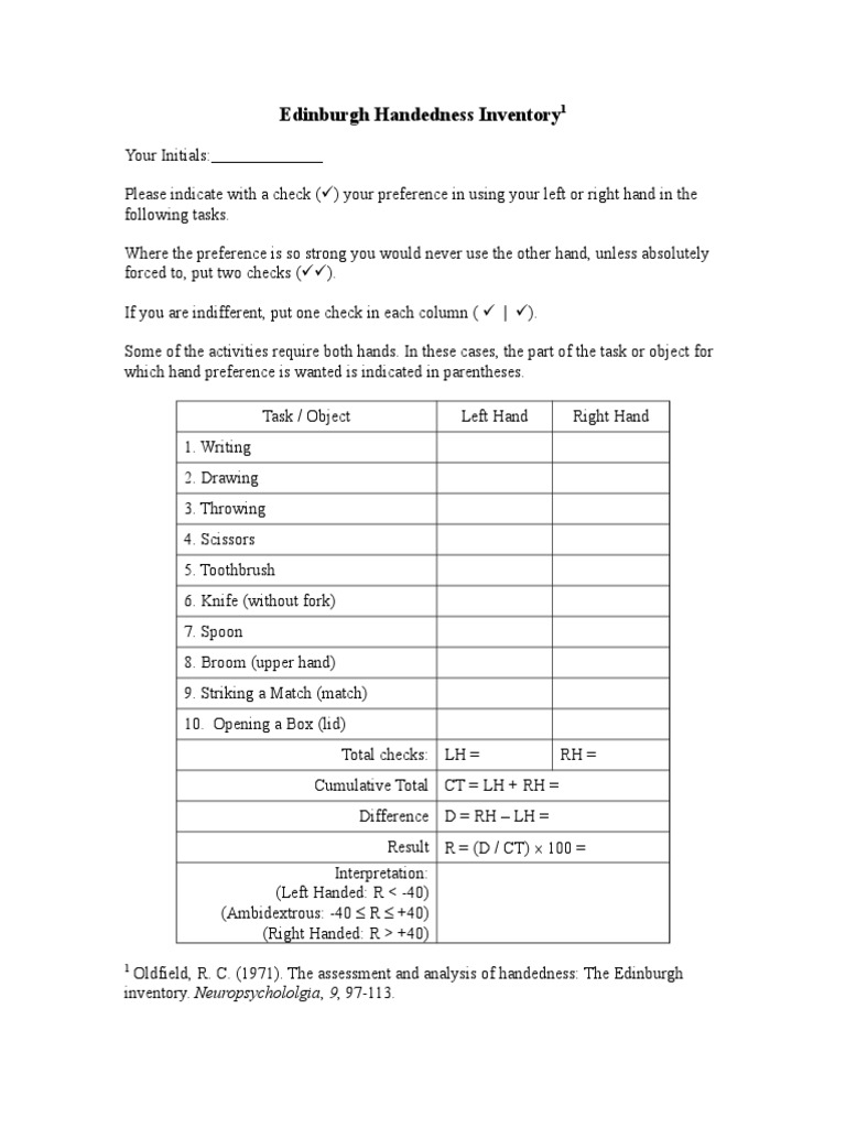 Edinburgh Handedness Inventory | PDF