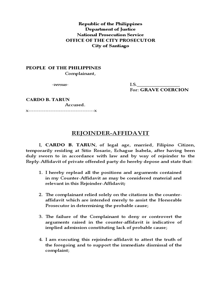 Rejoinder Affidavit for Grave Coercion | PDF | Law
