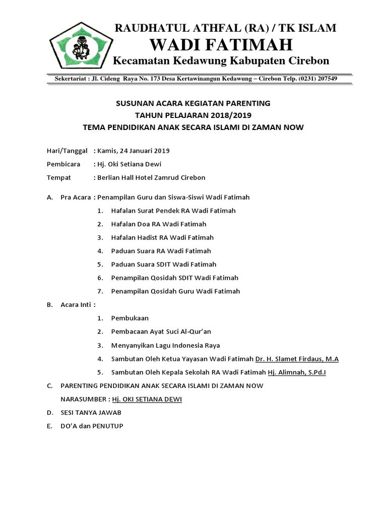 Susunan Acara Kegiatan Parenting 18-19