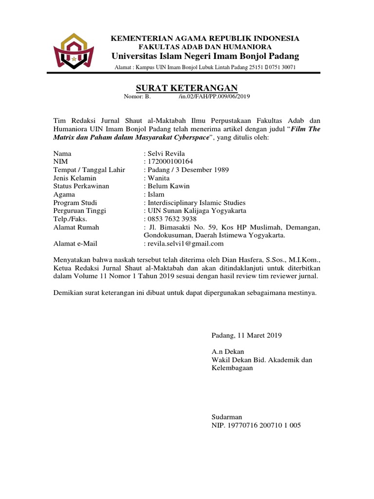 Surat Keterangan Penerimaan Naskah Pdf