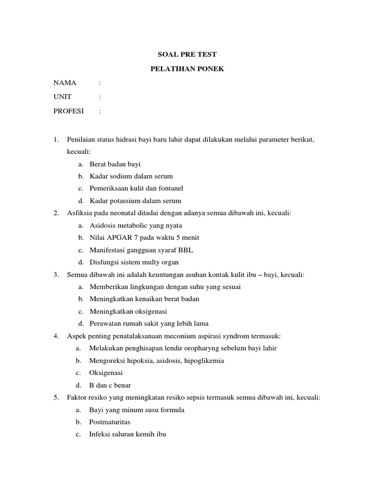 Soal Pretest Pelatihan Ponek Docx