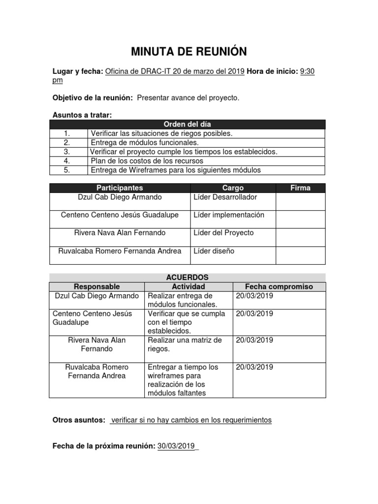Minuta de Reunión - Proyecto DRAC-IT | PDF | Business