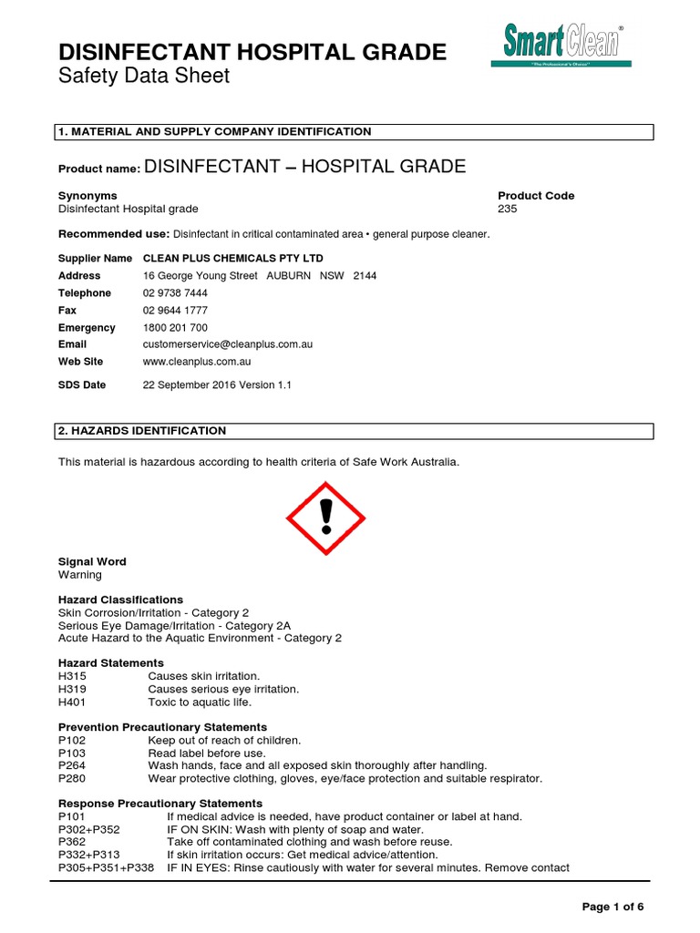 Disinfectant Hospital Grade Safety Data Sheet Dangerous Goods