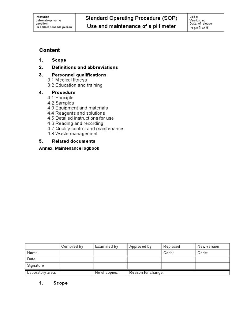 Content Standard Operating Procedure (SOP) Use and Maintenance of A PH