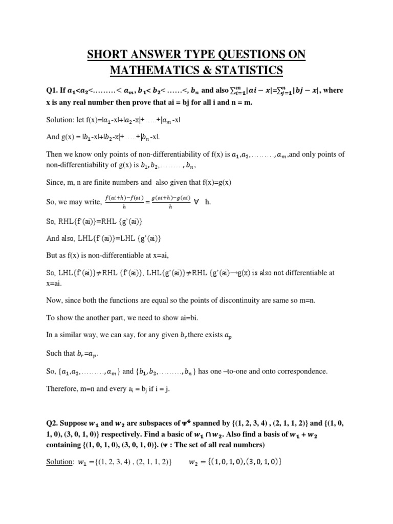 Short Answer Type Questions On Mathematics Statistics Eigenvalues And Eigenvectors Probability Density Function