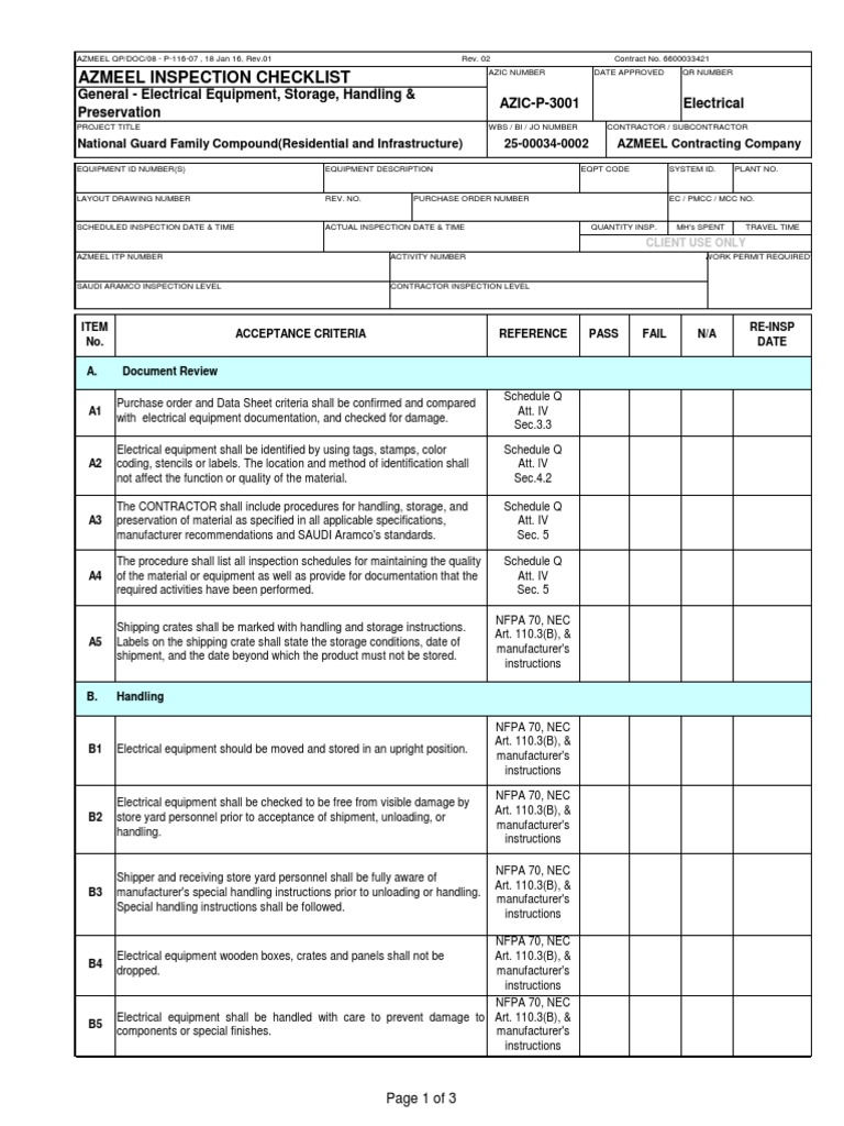 Azmeel Inspection Checklist General Electrical Equipment, Storage